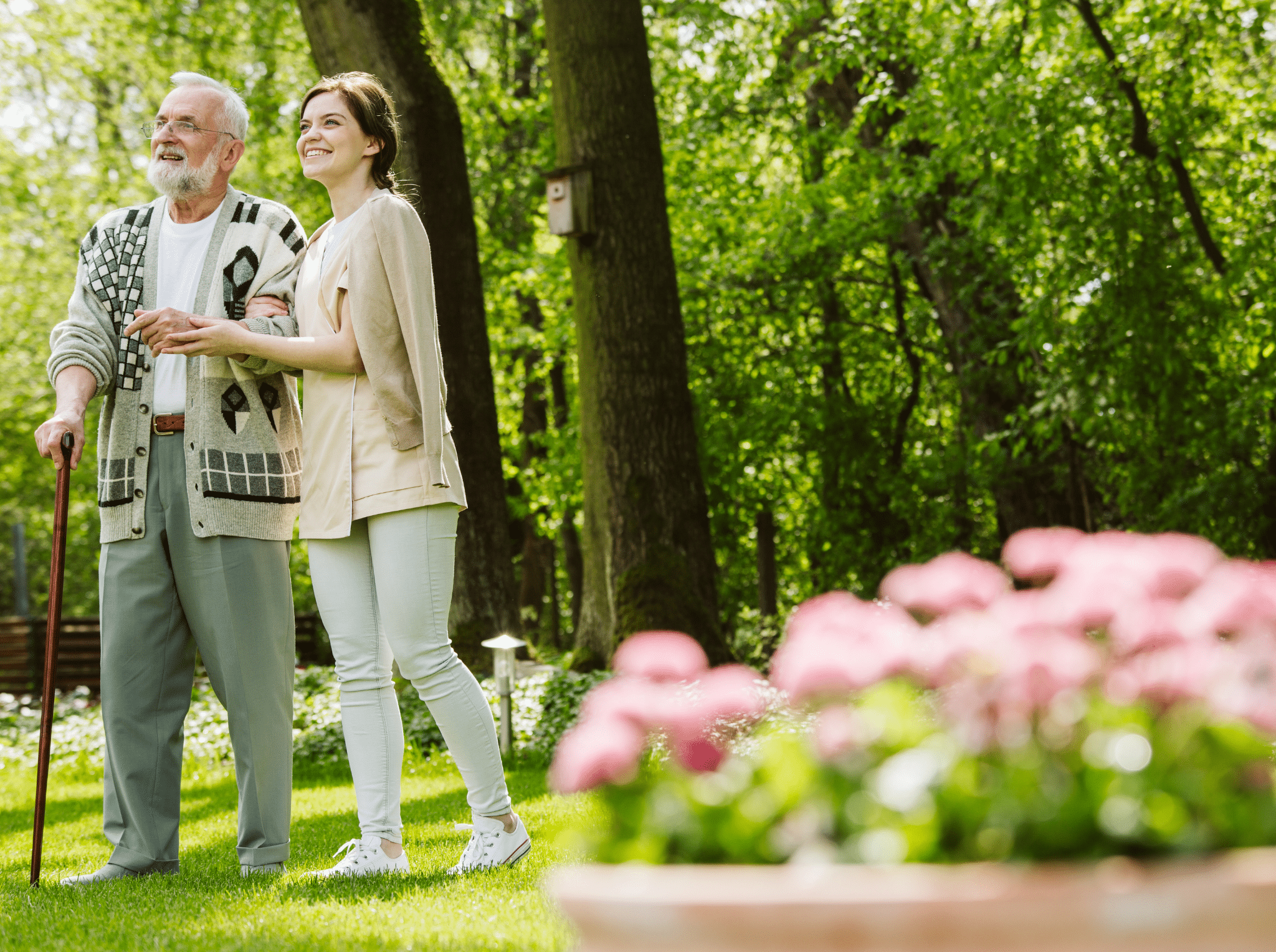 Father and Daughter exploring the beautiful nursing home garden